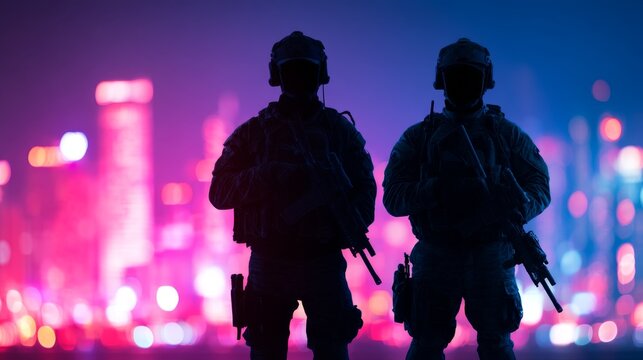 swat team, covert mission, Silhouetted SWAT Team Members Guarding a High-Value Target in Urban Environment at Night with Colorful City Lights in Background