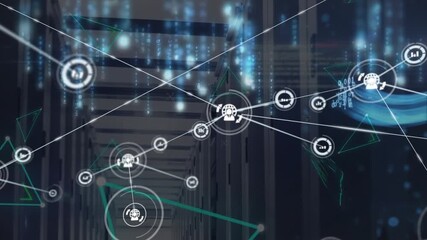 Animation of network of connections with icons and data processing over server room - Powered by Adobe