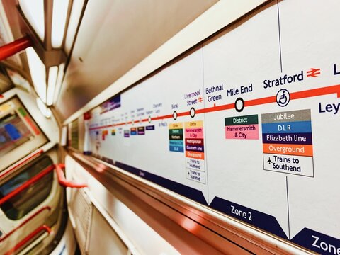 Stratford Subway, Mile End Metro, Tube Route Map, Central Line Passenger Information Display, London Underground Station Name Sign, UK, January 2026