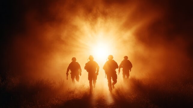swat team, covert mission, Tactical Team Engaging in Training Simulation with Dramatic Backlighting Creating a Powerful Atmosphere of Courage and Strategy