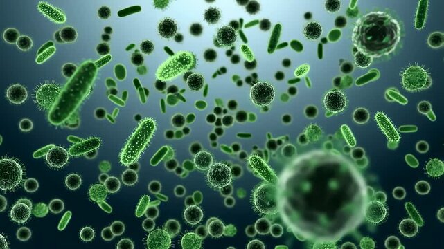 Microscopic view of green bacteria floating and moving under bright light