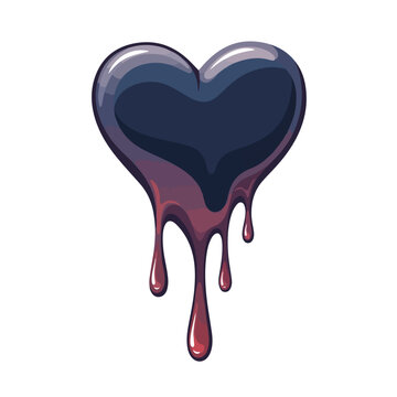 Dark heart with a broken, melting effect and dripping red liquid on a clean white background with a sense of heart brake.