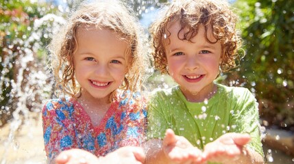 Children enjoy water play in sunny outdoor setting near a splash area