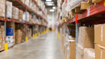 Storage area in a warehouse with shelves full of boxes and packages