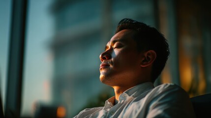 Fototapeta premium Man enjoying sunlight in a modern indoor space during the evening hours