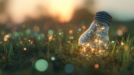 Light bulb resting on grass with glowing lights at sunset in a garden