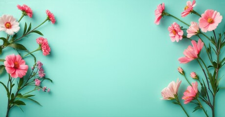 Obraz premium Floral arrangement, pink blooms, green stems. Turquoise background provides soft contrast, delicate beauty. Perfect space for text.