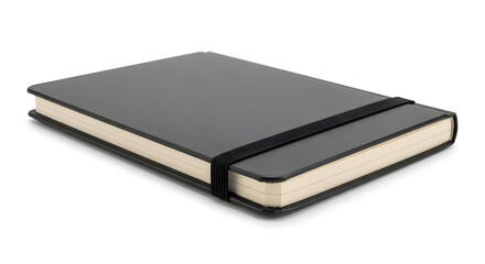 A classic closed black hardcover notebook with an elastic band closure, isolated on a clean white background for business or personal use