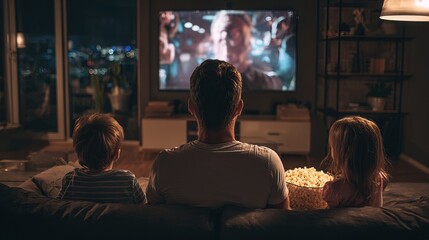 man and two children sit on sofa at home. They are watching movie on big screen, eating popcorn and enjoying city lights outside