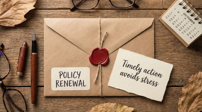 Brown envelope with policy renewal message and wax seal
