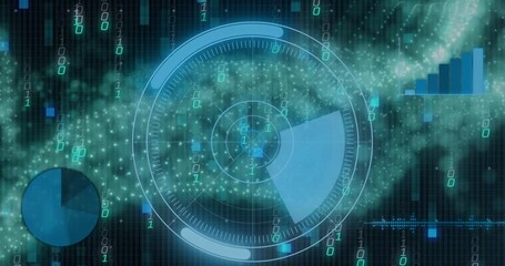 Animation of round scanner and statistical data processing over digital wave and binary coding - Powered by Adobe