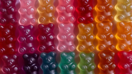 Close-up of vibrant gummy bears in assorted colors, arranged neatly in rows, showcasing their texture and variety.