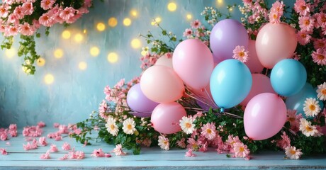 Festive scene. Balloons, flowers, lights create joyful atmosphere. Soft colors, delicate petals suggest celebration, happiness.