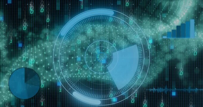 Animation of round scanner and statistical data processing over digital wave and binary coding