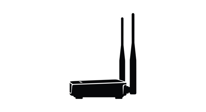 A stark depiction of a wireless router in a strong black color displaying its antennas and form silhouette high quality professional