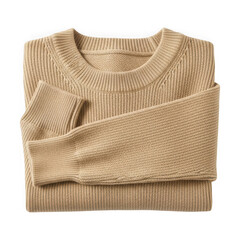 Folded beige knit sweater on transparent background with long sleeves
