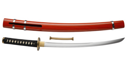 A katana sword with a black handle and red scabbard on transparent background