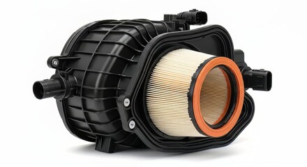 Automotive air filter element partially visible inside its open black plastic housing assembly with electrical connectors attached against a clean white background for replacement parts photography