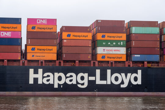 Hapag-Lloyd container ship carrying cargo for global trade. Hamburg, Germany