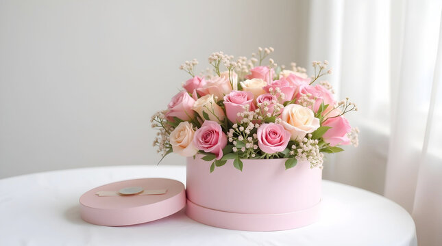 A luxurious round pink hatbox overflows with a lush floral arrangement of soft pink and cream roses , accented by delicate baby's breath on a clean white table