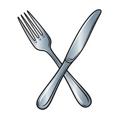 Crossed silver fork and knife isolated on transparent background for dining table setting