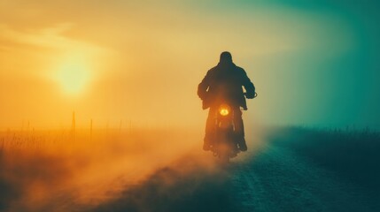 Obraz premium Biker rides on a dusty road during sunset with a colorful sky