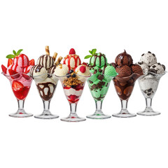 Six ice cream sundaes with various toppings in glasses isolated on transparent background