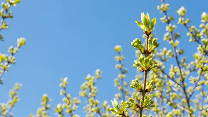 Fototapeta premium Vibrant green leaves and delicate buds burst forth on tree branches, capturing the essence of early spring against a serene, clear blue sky, symbolizing new beginnings and growth