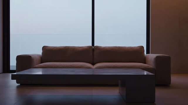 Modern minimalist living room with brown leather sofa and sleek coffee table.