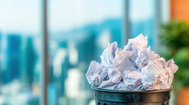 Crumbled paper in a trash bin near a window in an office