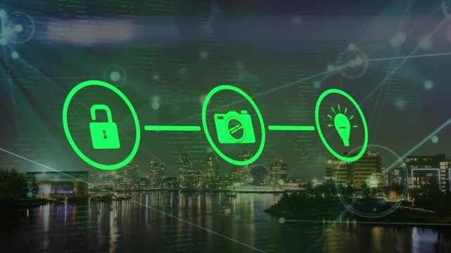 Animation of flow chart of icons, connected dots over illuminated cityscape against sky