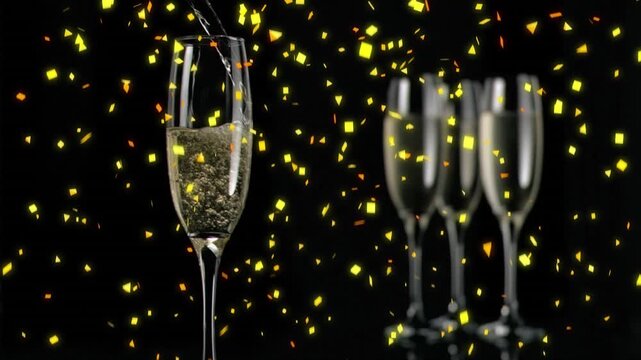 Animation of champagne pouring in flutes and yellow confetti falling against black background