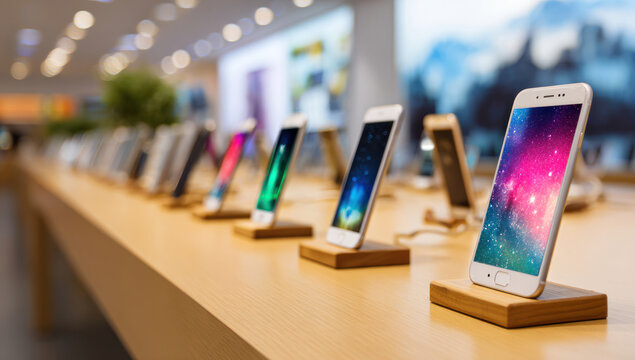 Multiple iphones on display in a retail store with different colorful wallpapers on their screens.
