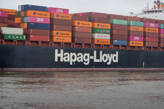 Hapag-Lloyd container ship transporting cargo in Hamburg. Hamburg, Germany