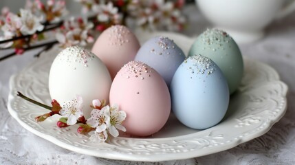 Obraz premium Colorful eggs on a white plate with spring flowers in the background