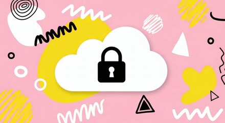 Cloud Security Splash Safe data art on pink backdrop with padlock icon.
