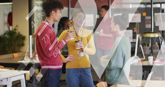 Animation of infographic interface over diverse colleagues with coffee cup talking in office