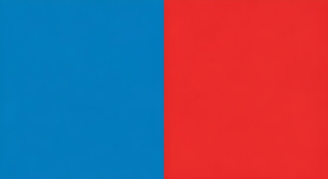 A minimalist, abstract image split perfectly down the middle into two solid, bold color fields. The left half is a vivid, pure blue. The right half is a vibrant, saturated red. The division between 
