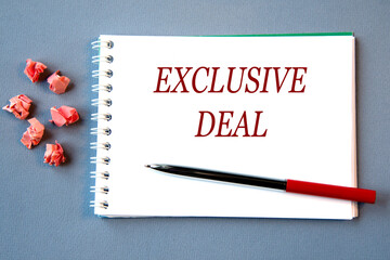 EXCLUSIVE DEAL - words in a notebook on a gray background with a pen.