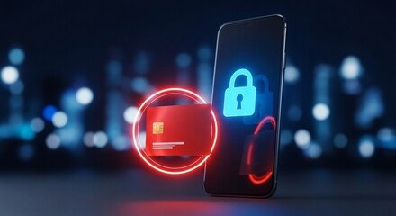 Secure Mobile Payment Cityscape backdrop with Glowing Card and Phone Lock.