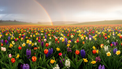 Fototapeta premium Vibrant field of diverse spring flowers blooming under a breathtaking rainbow after a gentle rain, creating a picturesque and colorful landscape scene