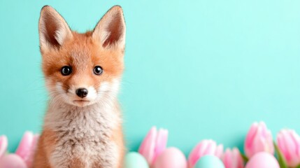 Obraz premium Cute fox cub sits near colorful eggs and flowers on a blue background
