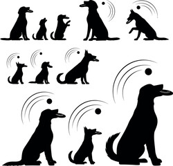 Dog silhouette set playing , isolated vector