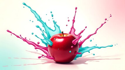Vibrant red apple with colorful liquid splash