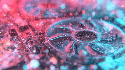 Close look at a computer graphics card with vibrant colors and light effects