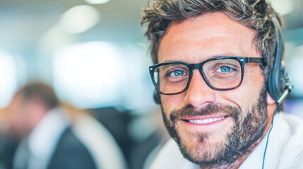 Man with glasses and headset smiling at work in a busy office environment