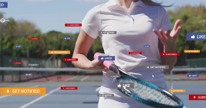 Female tennis player holding racket on blue court, displaying social media marketing notifications