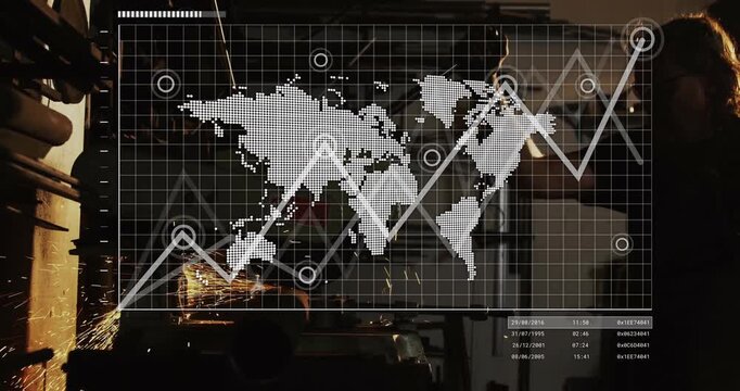 male worker operating handheld grinder amid sparks overlaying industrial data map and hex code list