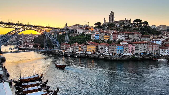 Scenic View of Porto Portugal at Sunset with Douro River and Dom Lu?s I Bridge