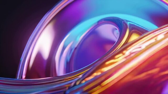 Vibrant abstract glass shapes floating dark space, liquid crystal motion, translucent prisms curved glass ribbons slowly flowing harmonic movement, refractive light dispersion, rainbow gradient colors